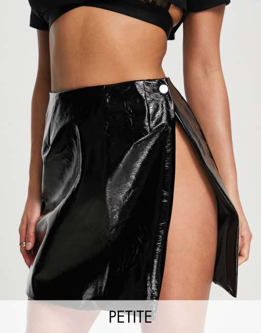 Missguided Petite vinyl split side mini skirt in black ASOS