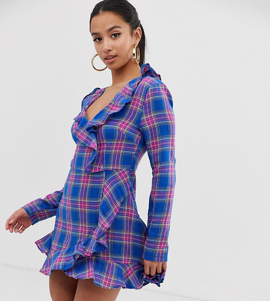 Missguided Petite wrap dress in blue check-Multi