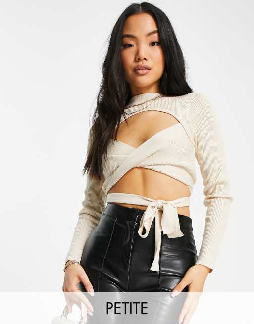 Missguided Petite wrap front crop sweater in cream