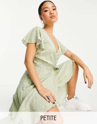 Missguided Petite wrap front tea midi dress in sage spot print ASOS