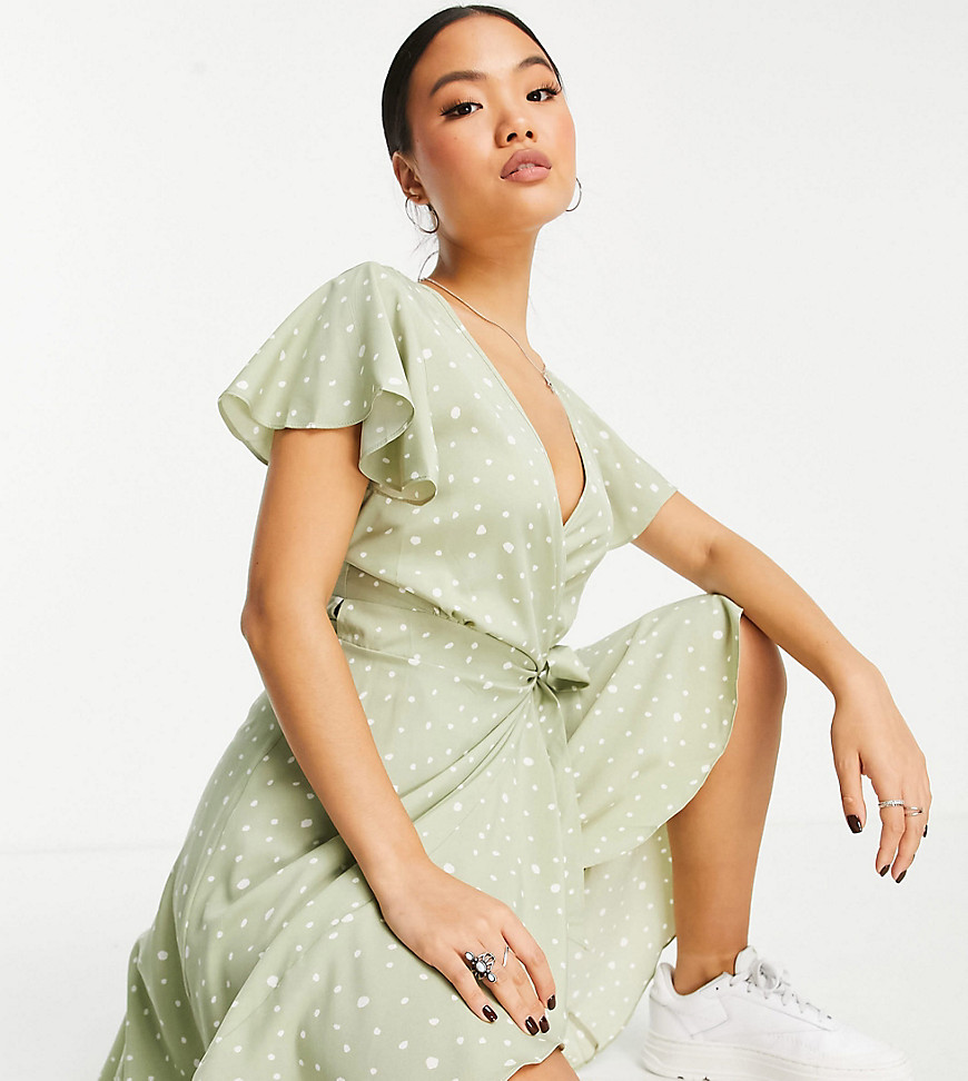Missguided Petite wrap front tea midi dress in sage spot print-Green