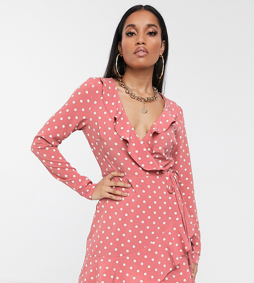 Missguided Petite wrap tea dress with ruffle trim in pink polka dot with long sleeves