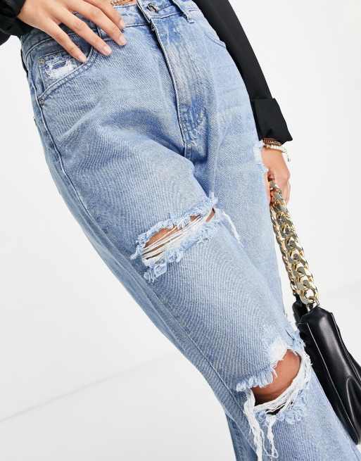 Missguided Petite – Wrath – Blå jeans med raka ben och slitna detaljer, 3 av 4