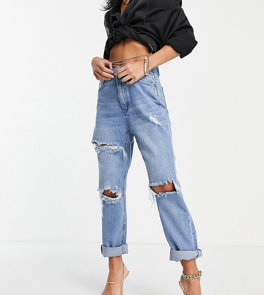 Missguided Petite Wrath straight leg jean with rip detail in blue-Blues