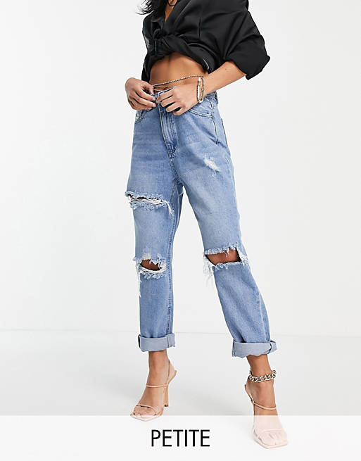 Missguided Petite Wrath straight leg jean with rip detail in blue