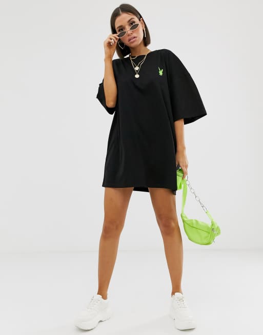 Missguided Playboy back slogan t-shirt dress in black | ASOS