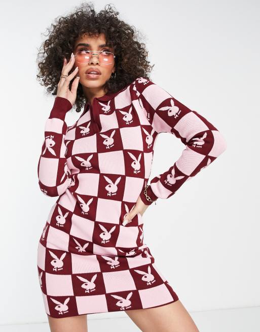 Missguided - Playboy - Bordeaux skakternet minikjole