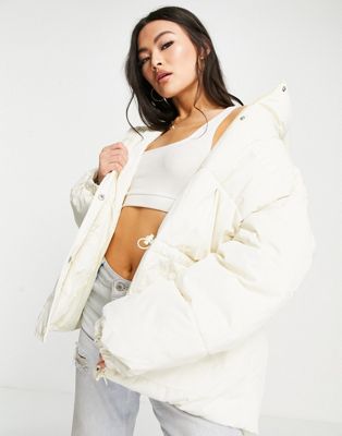Missguided Playboy cinched waist hooded puffer jacket in stone