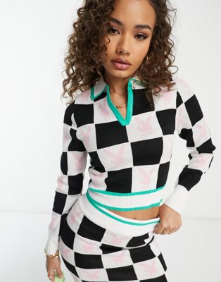 Missguided Playboy co-ord checkerboard top in white - ASOS Price Checker
