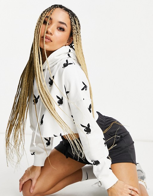Missguided Playboy co-ord crop hoodie with bunny print in white