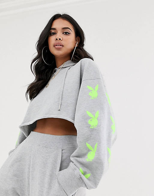Missguided Playboy co-ord cropped hoodie in grey | ASOS