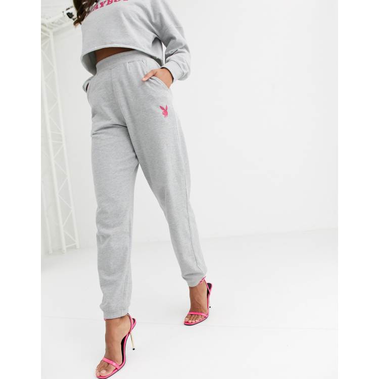 Missguided Playboy co ord slim slogan joggers in grey ASOS