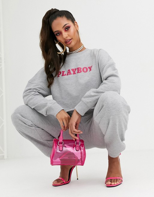 Missguided Playboy co-ord slogan cropped sweatshirt in grey