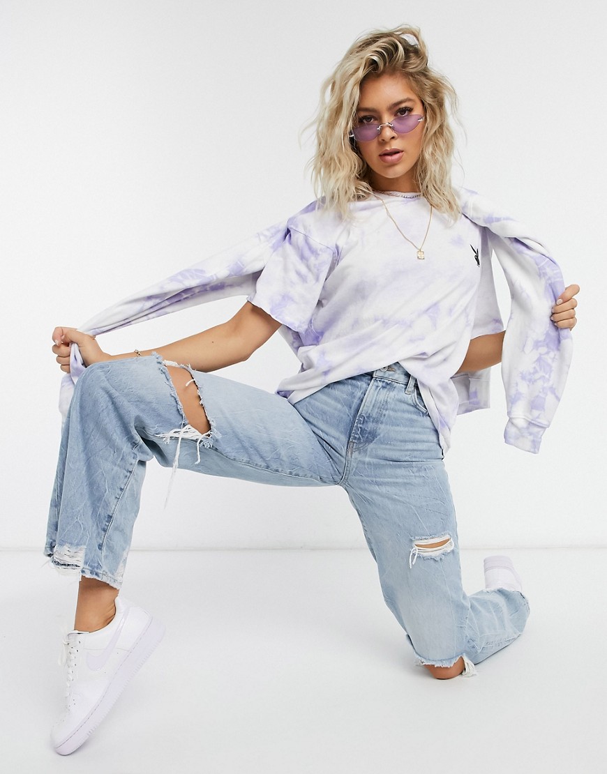 Missguided Playboy coordinating oversized t-shirt in lilac tie dye-Purple
