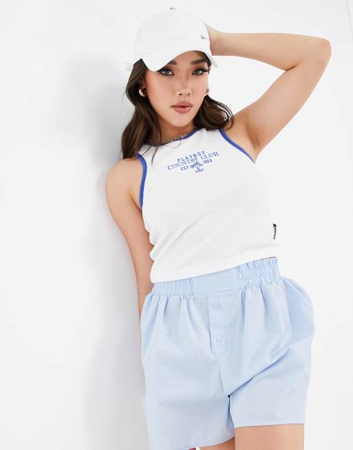 Missguided - Playboy - Crop top sportivo in tessuto a nido d'ape bianco con dorso a vogatore in coordinato