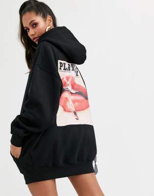 Playboy x missguided black magazine print sale oversized hoodie dress