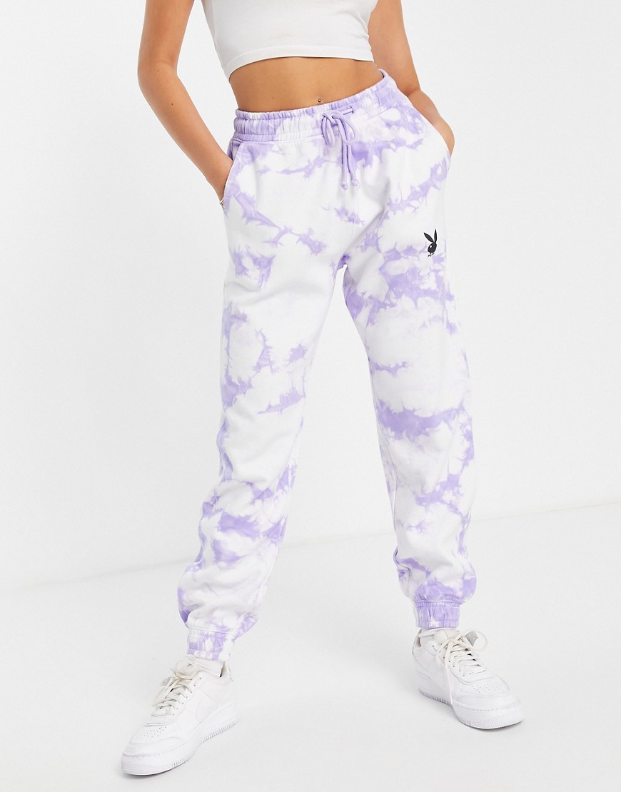 Missguided Playboy oversized sweatpants in lilac tie dye - part of a set-Purple