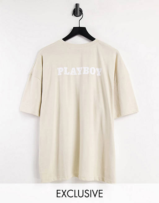 Missguided Playboy oversized t-shirt with logo in sand