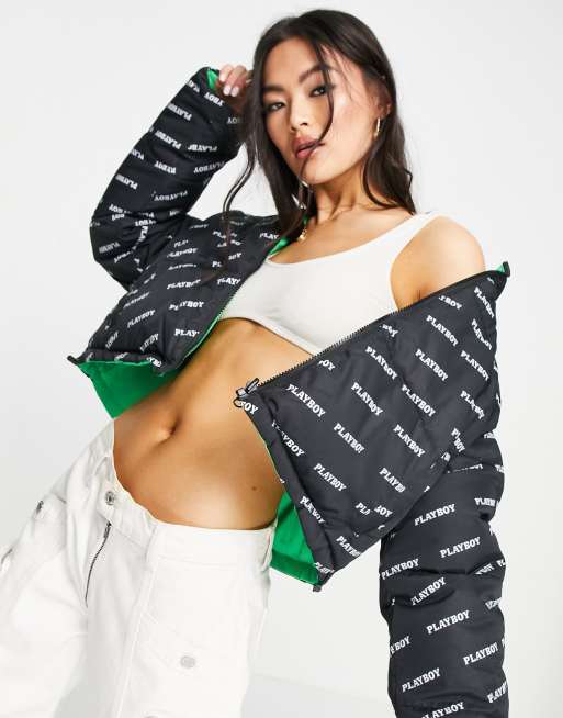 Missguided Playboy reversible puffer jacket in black green