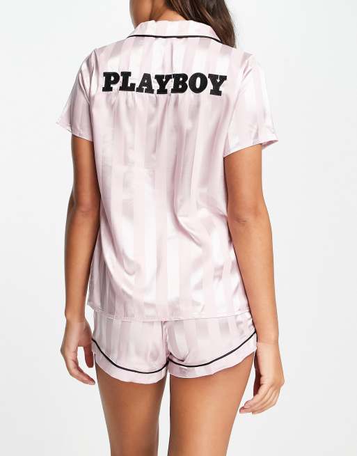 Missguided Playboy satin pajama short set in pale pink