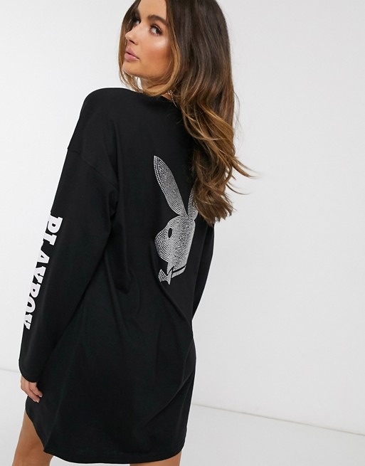 Missguided Playboy t-shirt dress with diamante bunny back print in black