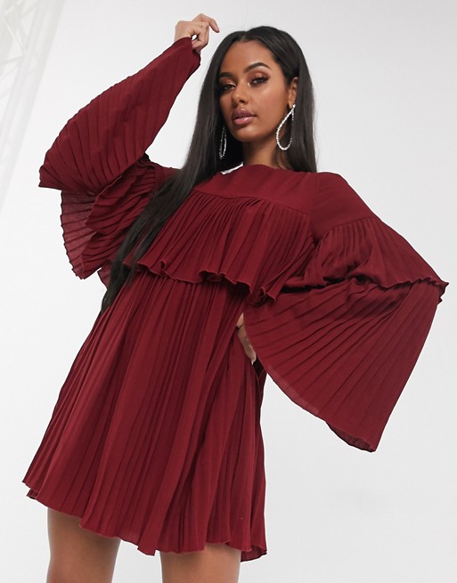 Missguided pleated smock dress in burgundy