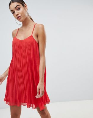 red pleated swing dress