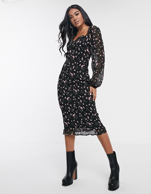 Missguided plisse midi dress in floral print with long sleeves