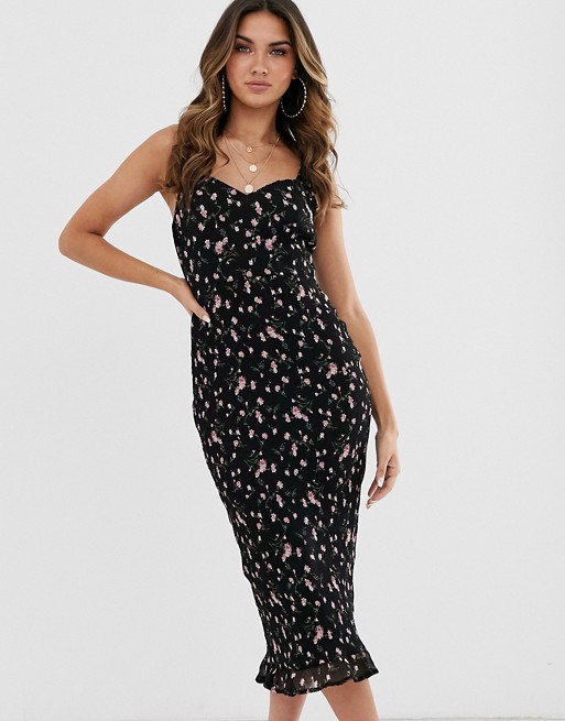 Missguided plisse midi dress with tie shoulders in black floral