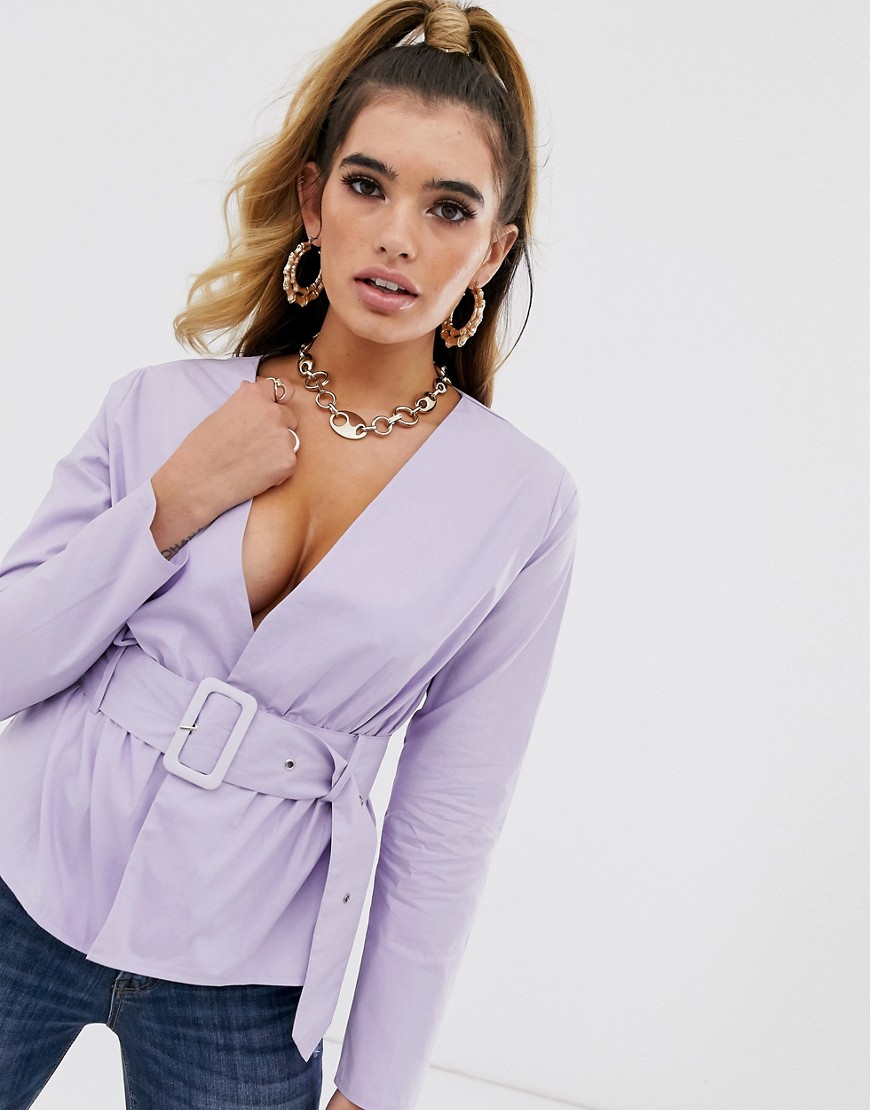 Missguided plunge belted peplum top in lilac-Purple