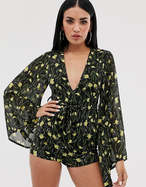 Missguided plunge playsuit with waterfall sleeves in floral print