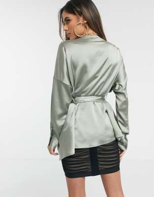 Green Extreme Oversized Satin Plunge Tie Waist Blouse