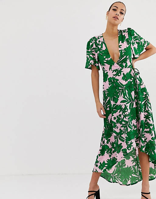 Missguided plunge wrap front midi dress in green tropical palm print