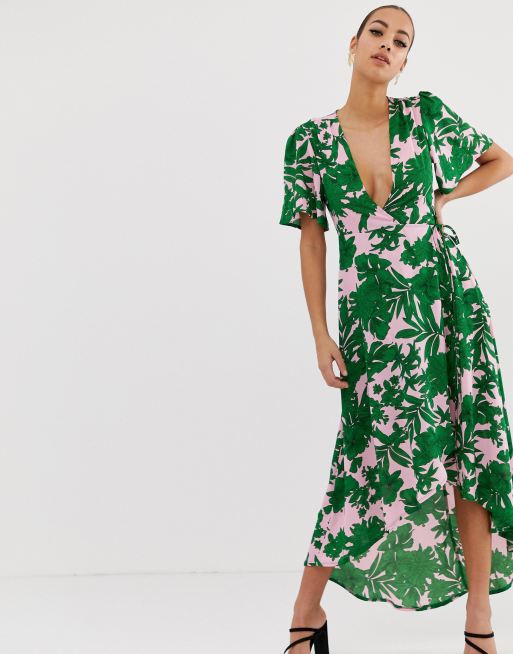 Missguided plunge wrap front midi dress in green tropical palm print | ASOS