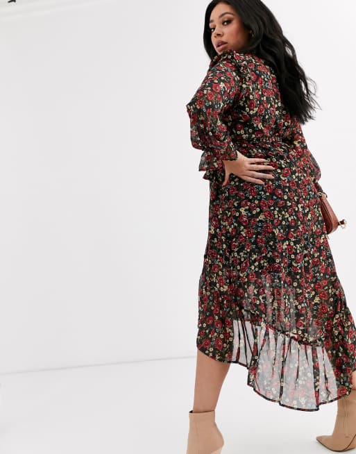 Missguided Plus - Aangerimpelde midi-jurk met ruches aan de hals en bloemenprint, 2 van 4