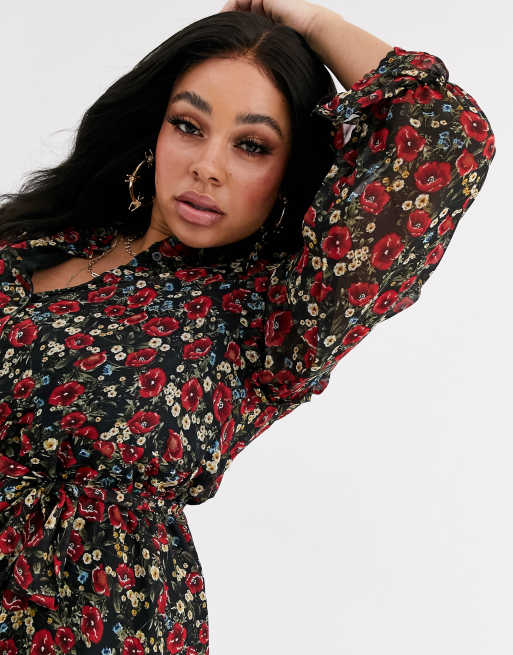 Missguided Plus - Aangerimpelde midi-jurk met ruches aan de hals en bloemenprint, 3 van 4