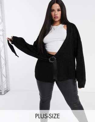 Missguided Plus balloon sleeve cardigan with buckle in black