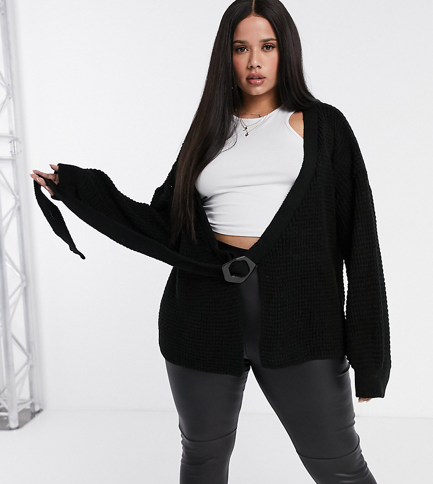 Missguided Plus balloon sleeve cardigan with buckle in black