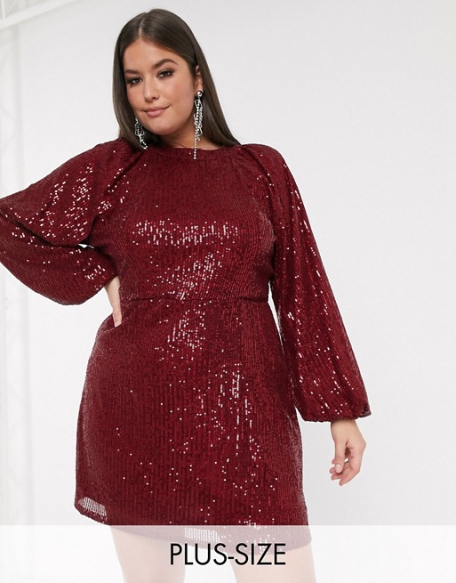 Missguided Plus balloon sleeve sequin dress in red