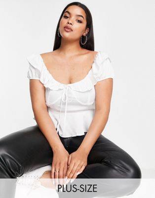 Missguided Plus bardot blouse with frill detail in white