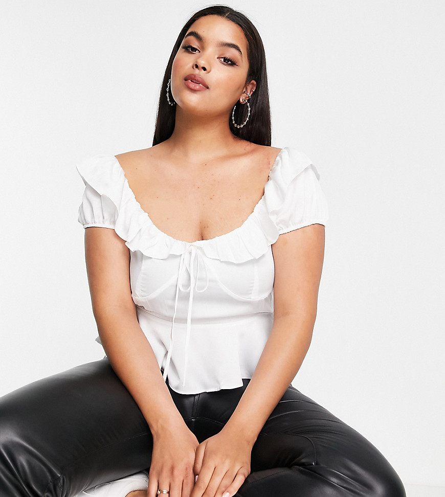 Plus-size blouse by Missguided Exclusive to ASOS Bardot neck Frill detail Tie front Regular fit
