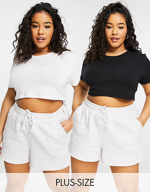 Missguided Plus basics 2 pack crop t-shirt in black and white