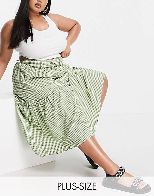 Missguided Plus belted midi skirt in green gingham