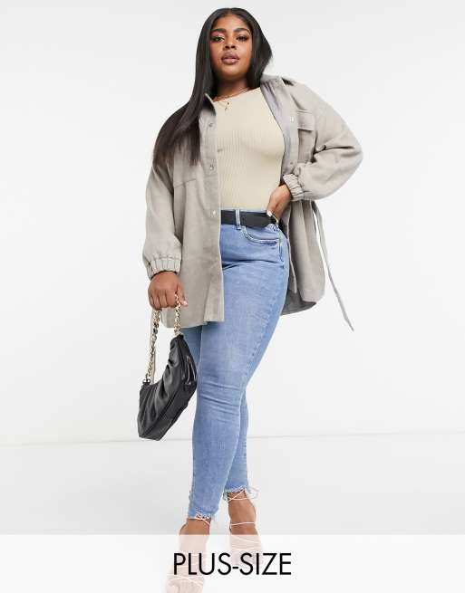 Missguided Plus belted shacket in gray | ASOS