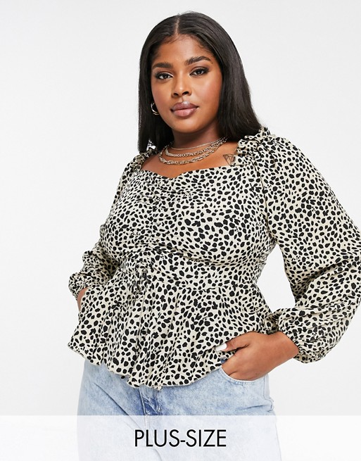 Missguided Plus blouse with ruched detail in dalmation print