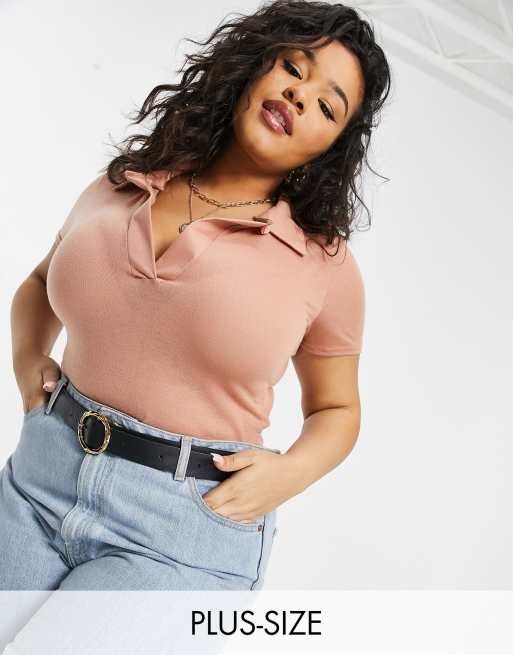 Missguided Plus - Body a maniche corte con colletto color cammello