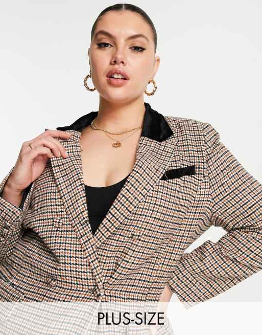 Missguided Plus – Brun rutig kavaj med kontrasterande krage