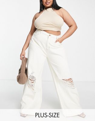 Missguided Plus busted wide leg jean in cream - CREAM - ASOS Price Checker