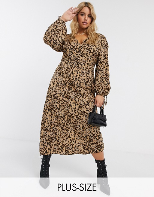 Missguided Plus button through midi dress with puff sleeves in leopard
