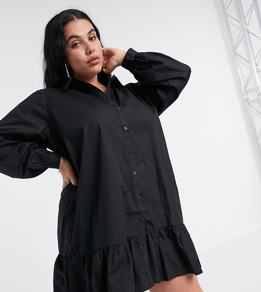 Missguided Plus button through shirt dress with broderie sleeves in black